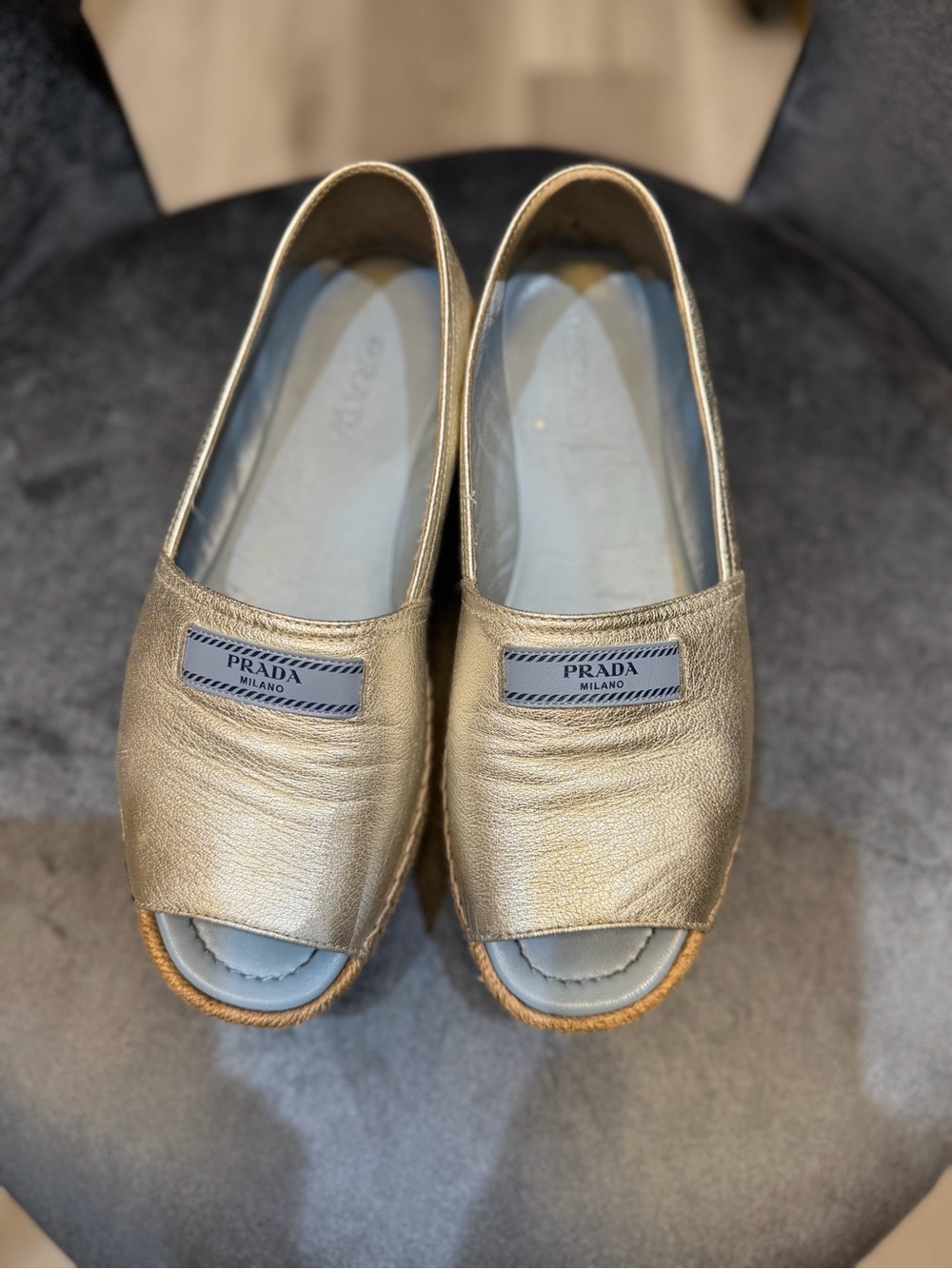 Prada Metallic Silver Leather Open-Toe Espadrille Flats 39.5.